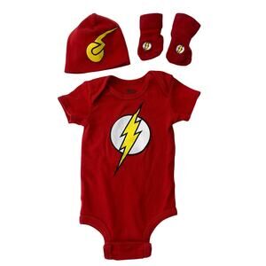 Justice League DC Flash Infant Baby 0-6M Flash Superhero Romper Socks Hat Set